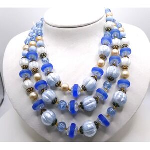 West Germany Blue Glass & Acrylic Beaded Triple Strand 17" Necklace Vintage